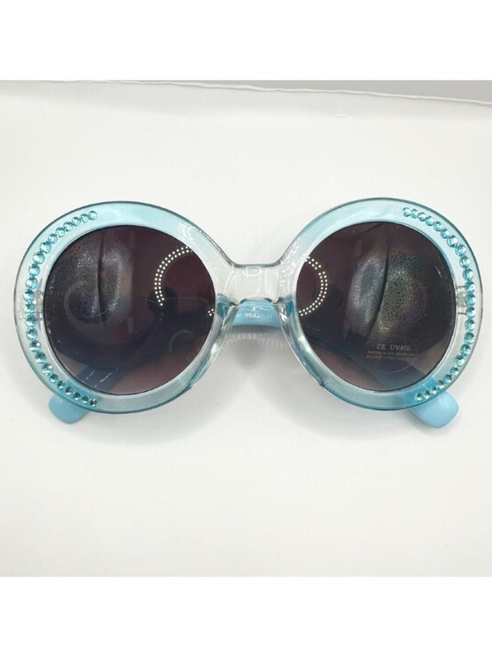 Light Blue Oversized Round Sunglasses Featuring Sparkly Rhinestone Rims - Picture 2 of 5